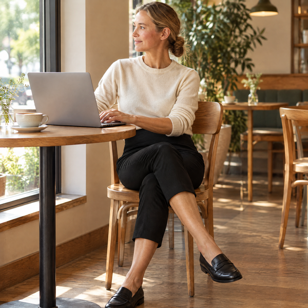 Vrouw werkt op haar laptop in een café, in de Marta capribroek in zwart met een crèmekleurige trui