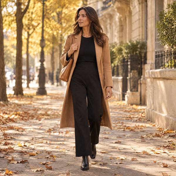 Vrouw in de stad in de herfst, in de Livia stretchbroek in zwart met een camelkleurige jas