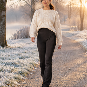 Vrouw wandelt door een berijpt park in de Matilde gevoerde legging in zwart met een grofgebreide crèmekleurige trui