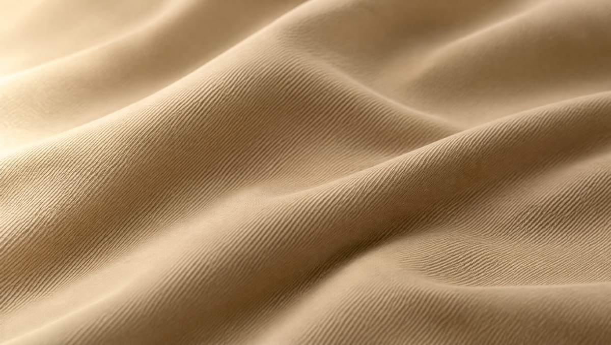 Zacht gedrapeerde beige stretchstof in warm zijlicht