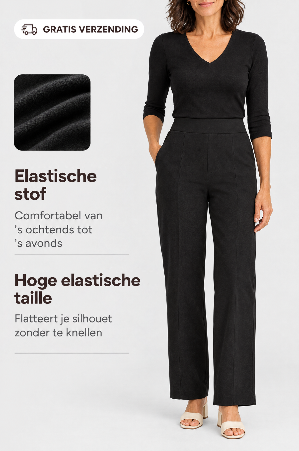 Livia stretchbroek in zwart met hoge elastische taille en soepele stretchstof