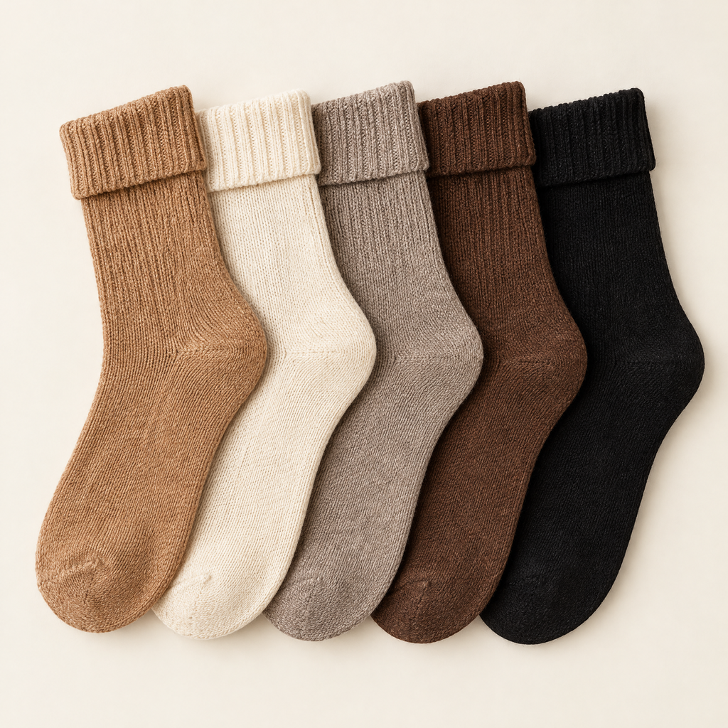 De vijf kleuren van de Mila sokken: camel, ecru, taupe, chocolade en zwart