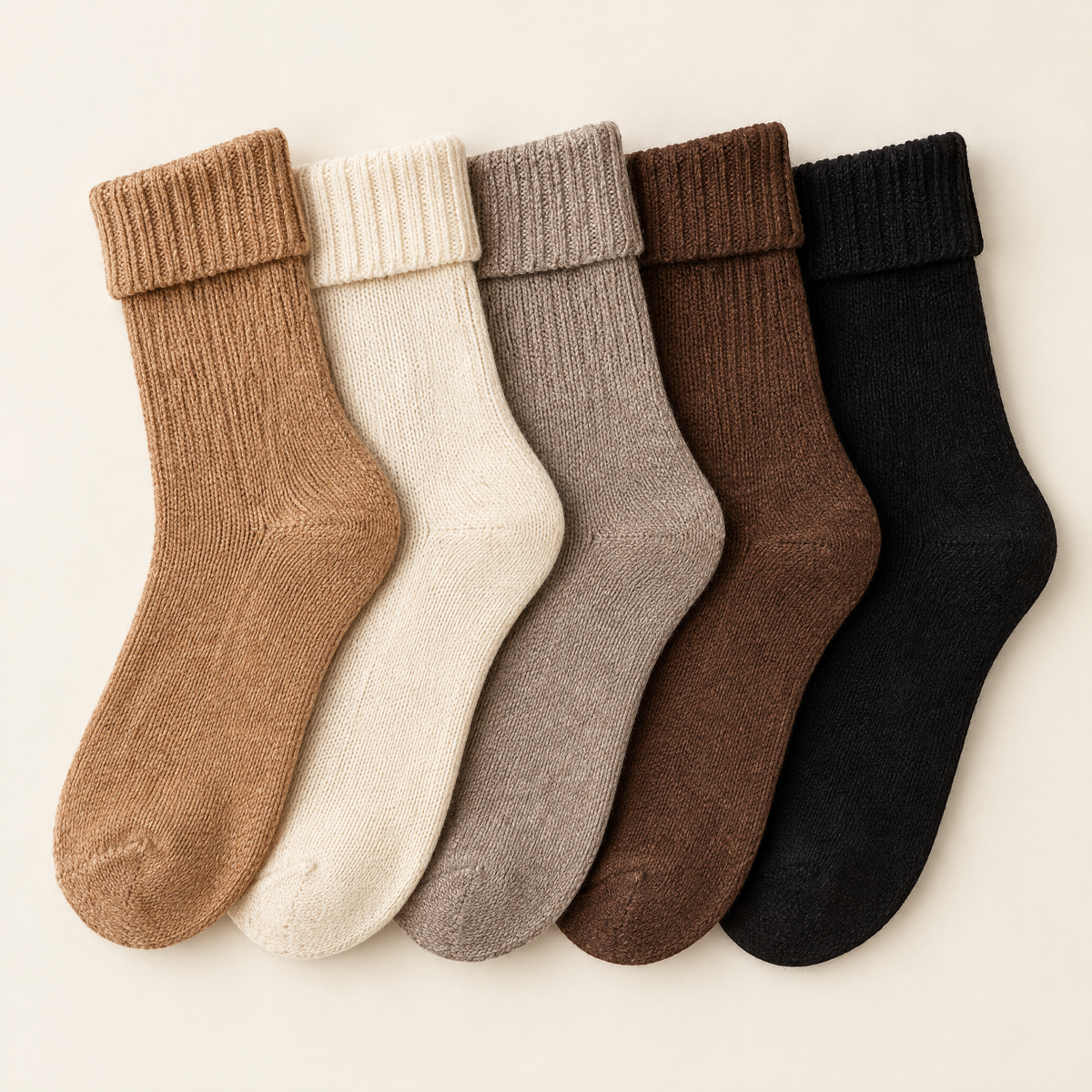 De vijf kleuren van de Mila sokken: camel, ecru, taupe, chocolade en zwart