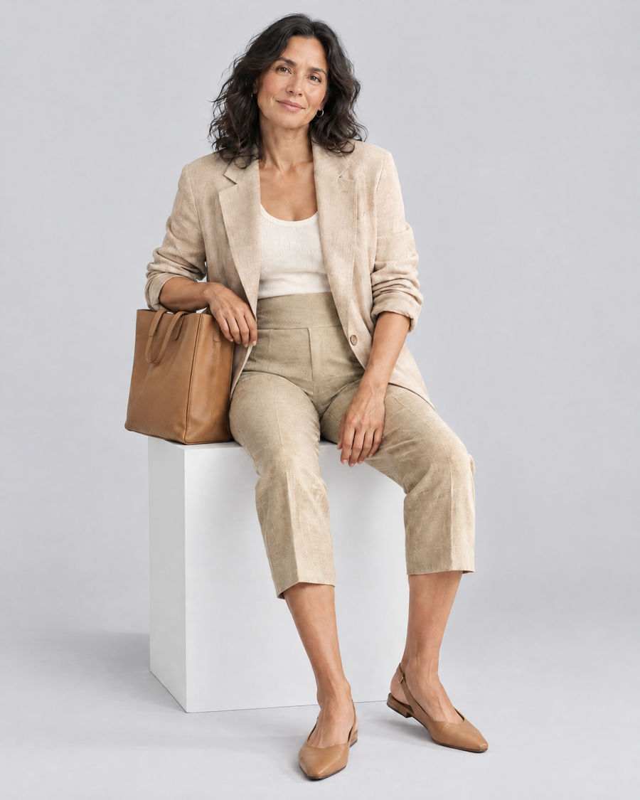 Vrouw zit op een wit blok in de Marta capribroek in lichtkaki met een beige blazer