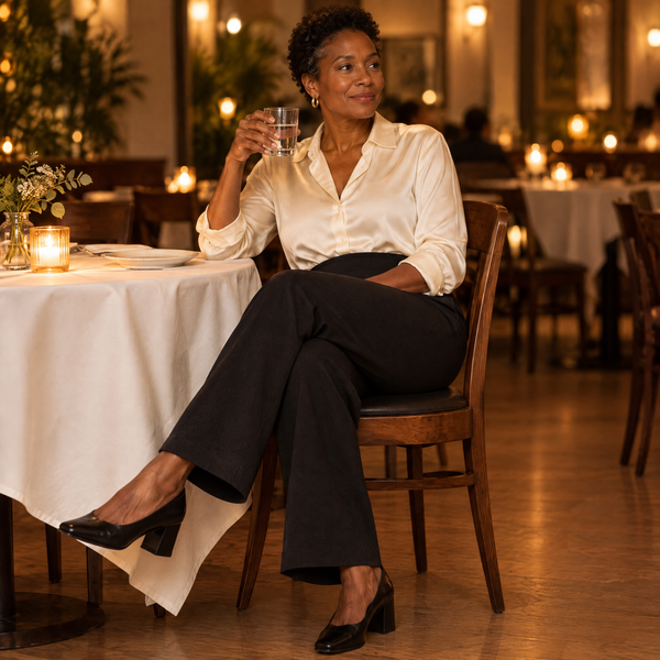 Vrouw aan tafel in een restaurant, in de Livia stretchbroek in zwart met een ivoorkleurige zijden blouse