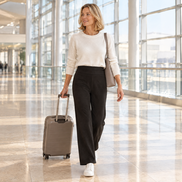Vrouw loopt met een handbagagekoffer door de luchthaven, in de Livia stretchbroek in zwart met een witte trui