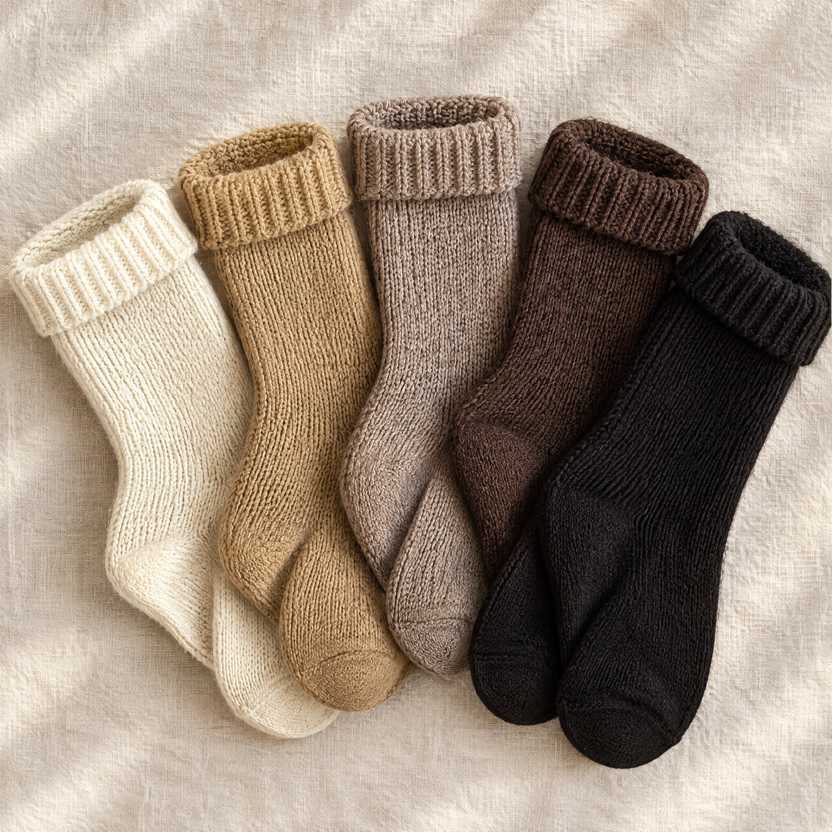 Mila sokken in vijf kleuren: ecru, camel, taupe, chocolade en zwart