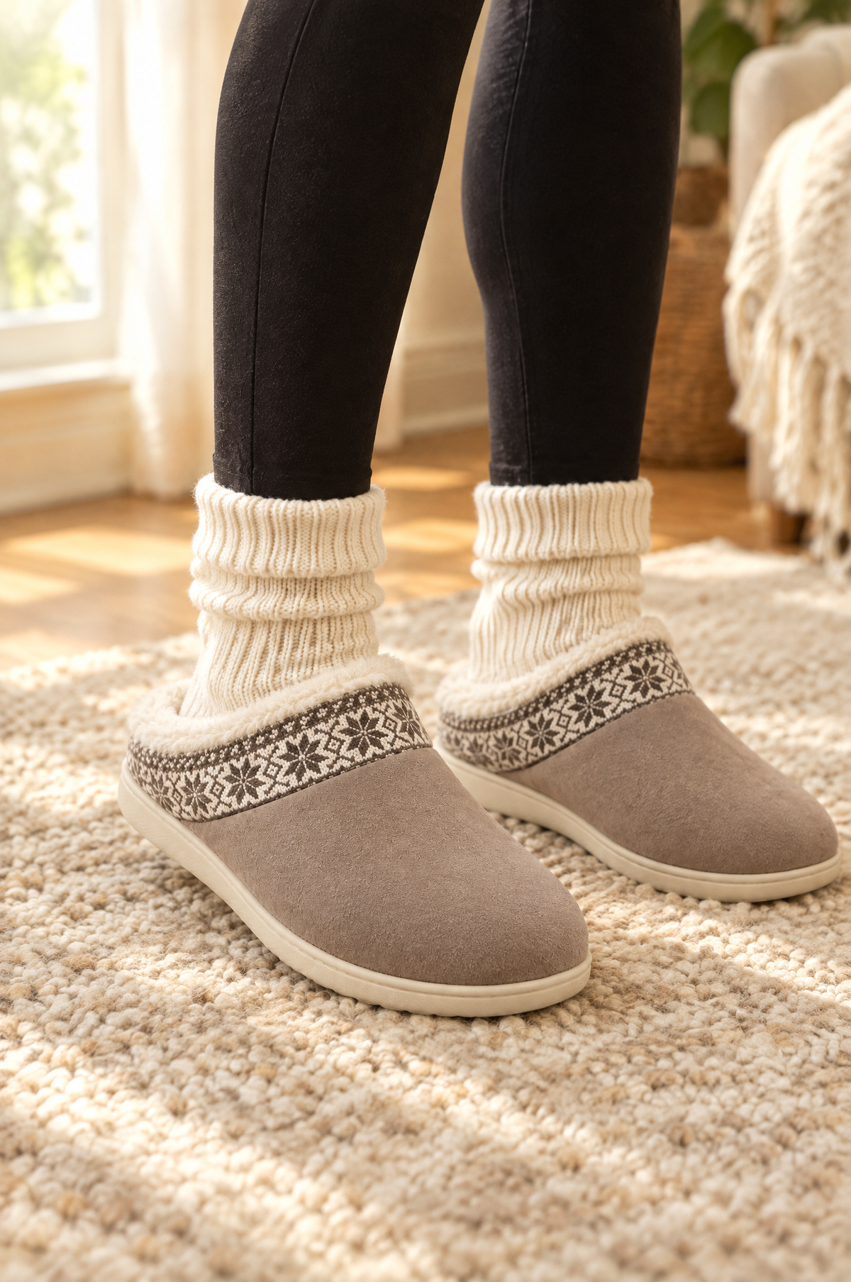 Teodora pantoffels in zacht taupe met Mila sokken in ecru en een zwarte legging op een wollen vloerkleed