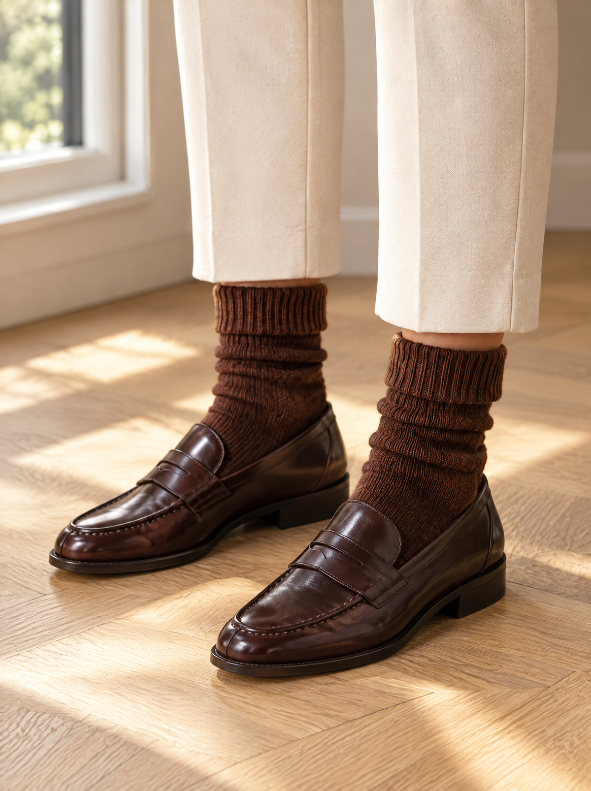 Mila sokken in chocolade met donkerbruine instappers en een enkellange broek in ecru