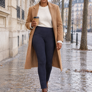 Vrouw met een beker koffie op straat in de winter, in de Matilde gevoerde legging in marineblauw met een camelkleurige jas